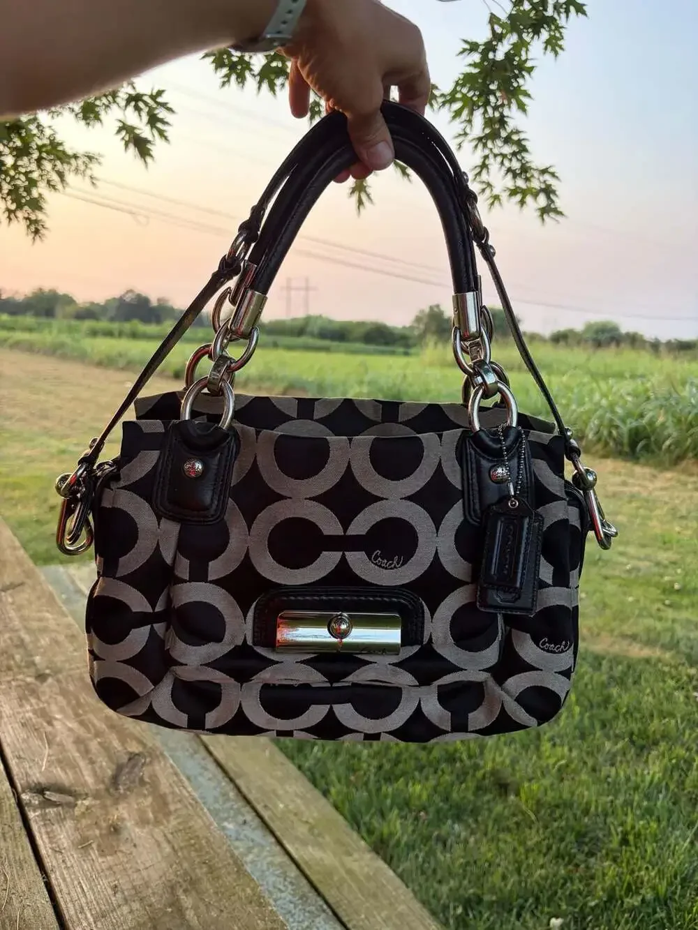 Coach Kristin Op Art Signature Satchel Black and Grey
